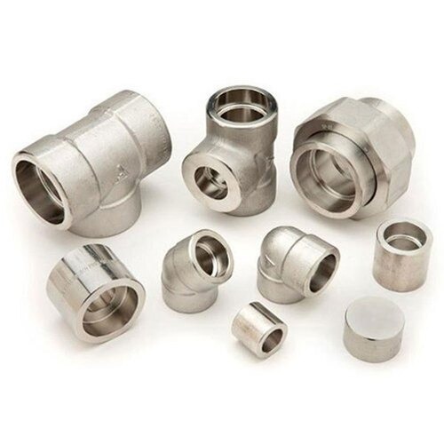 Assorted stainless steel forged pipe fittings including tees, elbows, couplings, unions, and plugs